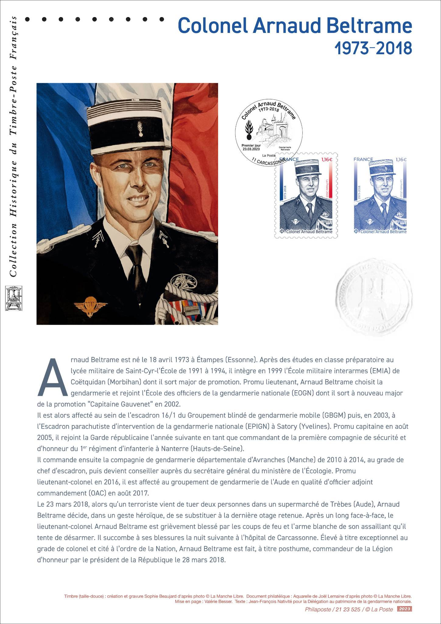 Le document historique du timbre-poste français consacré à Arnaud Beltrame.