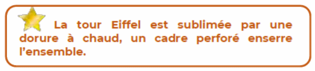 Texte : La tour Eiffel est sublimée par une dorure à chaud, un cadre perforé enserre l'ensemble.